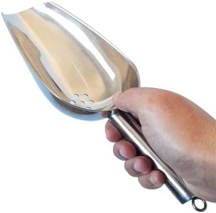 JBscoop Large Ice Scoop with Holes. Stainless Steel Ice Scoop with Drain Holes to Reduce Unwanted Dilution. Heavy Duty and Dishwasher Safe. Six Ounce Capacity.