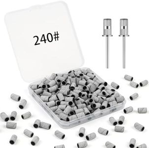 BEVTEE 200Pcs Sanding Bands for Nail Drill, 240 Grit Small Nail Sanding Bands, with 2pcs 3/32'' Nail Drill Bits, for Acrylic Nails Gel Manicures and Pedicure, White, Including a Dedicated Organizer