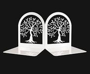 Tree of Life Decorative Book Ends, Heavy Duty Metal Bookends, White Book Support for Shelves, Anti Scratch & Non-Skid School Library Book Organizer for Home Office Desk, Student Bookworms Gift,1 Pair