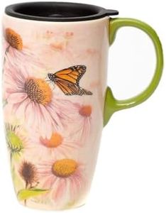 Topadorn Coffee Ceramic Mug Porcelain Latte Tea Cup With Lid 17oz., Butterflies over Flowers Mother's Day Mug