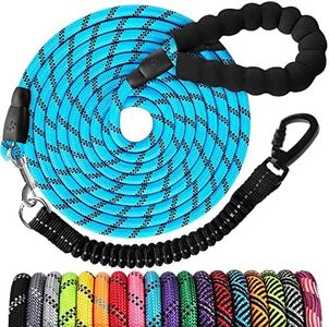Long Dog Leash 40 FT: Heavy Duty Rope Leashes for Dogs Training with Swivel Lockable Hook Reflective Threads Bungee and Padded Handle - Dog Lead for Large Small Medium Dogs Outside Walking Hiking Blue