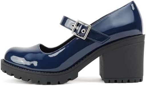 Soda “Eviana” ~ Women Mary Jane Round Toe Mid Chunky Block Heel Lug Sole Pump with Adjustable Strap, Navy Patent, 7