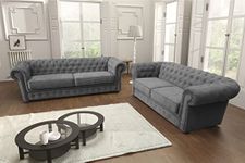 Chesterfield Style Corner Sofa Set 3+2 Seater Armchair Grey Fabric (3+2 Seater)