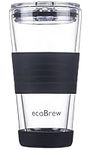 ecoBrew Glass Reusable Coffee Cups | Double Walled Insulated Cup for Hot and Cold Drinks | 16oz / 450ml Eco-Friendly Travel Coffee Mug with Spill Proof Lid | Black