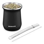 Navaris Yerba Mate Cup - 300ml (10.1 oz) Double Walled Stainless Steel Mate Tea Set with Gourd Cup Mug and Bombilla Straw and Brush for Mate Drink - Black