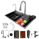 Fulgutonit Waterfall Kitchen Sink, Stainless Steel Black Smart Sink, Grey Kitchen Waterfall Sink Unit with Cup Rinser Pull-Out Faucet & 4 Spray Modes, 75x46CM