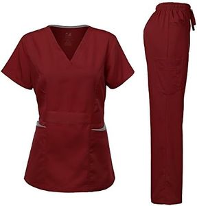 Dagacci Medical Uniform Medical Uniform Women's Scrubs Set Stretch Contrast Pocket Burgundy M