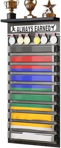 3 in 1 Karate and 10 Belts Taekwondo Belt Display Rack with Medal Hanger, Trophy/Photo Rack, and Felt Dustproof Design. Perfect Martial Arts BJJ Belt Organizer for Kids and Adults (Always Earned)