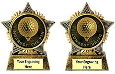 Longest Drive and Nearest the Pin Golf Trophy Star Twin Pack 90mm Award Antique Gold Resin Golf Driver Golfer Golfing Free Engraving - A