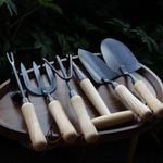 Japanese Gardening Tools Set, 6 Pcs Garden Tools Set, Black Painted Stainless Steel Heavy Duty Gardening Tools Kit, Hand Trowel, Dibble, Hand Rake, Weeder, Transplanter and Hand Folk