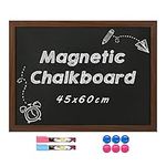 QUEENLINK Magnetic Black Chalkboard, 45x60cm Chalk Board Hanging for Wall with Brown Frame, Vintage Blackboard for Home, School, Office