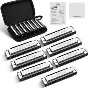 CONJURER 10 Hole Diatonic Blues Harmonica Set 7 Keys Silver Metal