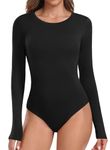 LAOLASI 2024 New Womens Long Sleeve Bodysuit Slim Fit Casual Sexy Basic Round Neck Bodysuit Daily Shirts Tops, Black, M