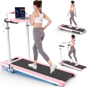 Walking Pad Treadmill with Desk Workstation, Incline Foldable Treadmill with Handrail, 300lbs Capacity, 3 Control Methods, Folding Treadmills for Home Office, Pink