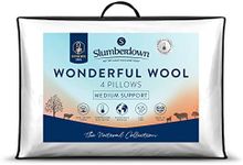 Slumberdown Wonderful Wool Pillows 4 Pack - Medium Support Back Sleeper Pillows for Back Pain Relief - 100% British Wool, Soft Cotton Cover, Hypoallergenic, UK Standard Size (48cm x 74cm)