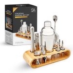 SA Products 12 Piece Cocktail Shaker Set - Stainless Steel Cocktail Accessories - Bartender Kit with Drink Shaker, Jigger, Spoon, Strainer, Corkscrew, Ice Tongs, Pestle, Pourers, Bamboo Display Stand