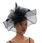 Women Black Fascinator Headband Pillbox Hat Big Flower Wedding Bridal Headdress Headpieces Race Derby Ascot Hat For Funeral Halloween Burlesque Feather Flapper Hair Accessory Hen Party Prom Evening