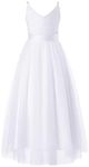 Bow Dream Vintage Ivory Lace Flower Girl Dress Blush Junior Bridesmaid Dress for Wedding, V Neck-white, 14