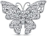 Large Crystal Filigree Fluttering Fashion Statement Butterfly Brooch Scarf Pin for Women Sliver Plated Brass