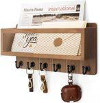 Rebee Vision Farmhouse Key Holder for Wall with Mail Storage Basket : Decorative Wall Mount Organizer with 6 Sturdy Wall Hooks and Wooden Key Rack - Rustic Home Decor (Retro Brown)