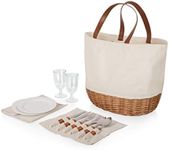 PICNIC TIME Promenade Picnic Basket for 2, Canvas and Willow Picnic Set - Includes Utensil Set, Glasses, and Plates, (Beige Canvas)