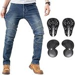 CTBQiTom Men's Motorcycle Pants Motocross Riding Jeans Adventure Trousers Motorbike Pants with Knee and Hip CE Armor Protector Pads(Blue,L=34)