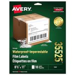 Avery Waterproof Labels, 11" x 8 ½" White Film Labels, Tear, Chemical & UV Resistant, 10 Labels, for Laser Printers, Rectangle, Permanent Adhesive, (35525) Made in Canada