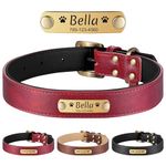 YEHANTI Personalized Dog Collar - Custom Leather Dog Collar for Small Medium Large Dogs, Durable and Adjustable Dog Collar with Name Plate (Red)