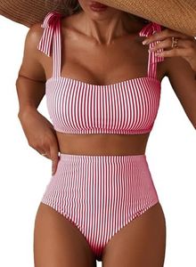 Herseas Women's Striped 2 Piece Bikini Sets Adjustable Tie Shoulder Push Up Swim Suits 2026 Summer High Waisted Bathing Suit Casual Resort Outfits X-Large