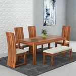 Ramdoot Furniture Wooden Dining Table 6 Seater | Dinner Table, 4 High Chairs & 1 Bench with Cream Cushion, Solid Wood Sheesham, Honey Finish