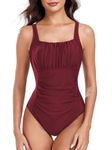 FLYILY Women’s Ruched One Piece Swimsuits Tummy Control Bathing Suit Slimming Monokini 1 Piece Swimwear(WineRed,XXL)