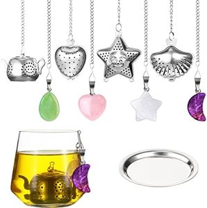 Cunhill 4 Set Tea Infusers for Loose Tea Stainless Steel Tea Ball Cute Tea Strainers Tea Steeper Filters for Tea with Crystal Stone Pendants and Drip Tray Teacups Accessories (Cute Style)