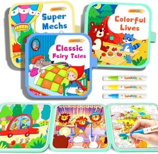 Lumikidz Reusable Water Painting Books for Kids – 3 Pack Magic Water Reveal Coloring Books with Water Pens (Fairy Tale, Mecha & Animal), No Mess Reusable Coloring Travel Activity for Toddlers Ages 3-6