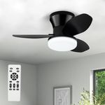 ZOEYON Small Ceiling Fan with Light - 26 Inch Flush Mount Ceiling Fan with Lights and Remote, Low Profile Ceiling Fan with 3 Reversible Blades, 6 Wind Speeds, Black Ceiling Fans for Bedroom Kitchen