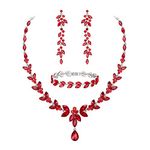 Ever Faith Marquise Crystal Party Jewelry Set for Bride, Gorgeous Leaf Rhinestone Necklace Dangle Earrings Tennis Bracelet Set Ruby Red Silver-Tone