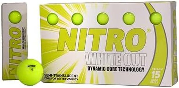 Nitro Long Distance Peak Performance Golf Balls (15PK) All Levels White Out 70 Compression High Velocity White Hot Core Long Distance Golf Balls USGA Approved-Total of 15-Yellow