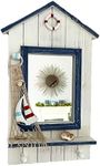 Darthome Rectangle Bathroom Wall Mirror Wood Nautical Boat Decoration 2x Key Hooks 47cm, White, Blue