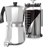 Cafe Du Chateau Espresso Maker & Stainless Steel French Press Bundle - 6 Cup Coffee Percolator w/Coffee Clip Spoon - 34oz Versatile Coffee Press w/ 4-Level Filtration