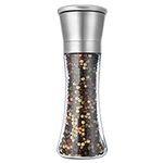 Pepper Grinder or Salt Grinder, Best Spice Mill with Ceramic Blades, Adjustable Coarseness, Brushed Stainless Steel Cap, and Refillable Tall Glass Body with 6OZ Capacity (7.5")