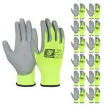 HANDLANDY 12 Pairs PU Coated Nylon Black Protective Work Gloves, Non-slip Flexible Gloves for Construction, Warehouse, Gardening (Hi-vis Yellow, X-Large)