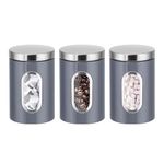 Innoteck Essentials 3 PC Kitchen Canister Set - With Secure Lids & Viewing Window - Blank Labels to Customise your Storage - Suitable for Sugar, Tea, Coffee, etc - Multi Food Storage Jars - Grey