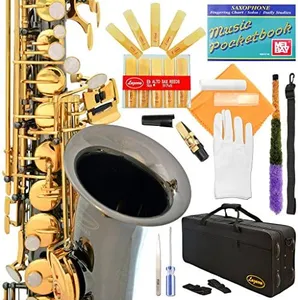 Lazarro Professional Black Nickel Body Gold Keys E-flat Eb Alto Saxophone Sax with 11 Reeds, Case, Music Book, Mouthpiece and Many Extras, 360-BN