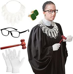 5 Pieces Halloween Judge Cosplay Costume Accessory Include Halloween Judge Collar, Judge Gavel, Judge Earring, Gloves, Glasses Frame, Courtroom Gavel Prop Judge Hammer Costume for Judge Cosplay