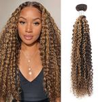 Humistwbiu Kinky Curly Bundles Ombre Human Hair Bundle Highlight Brazilian Virgin Curly Human Hair P4/27 Color One Bundle 2 Tone Brown and Honey Blonde Curly Bundles Hair Weave 26 lnch