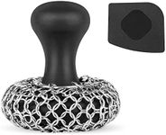 Cast Iron Scrubber + Pan Scraper - 316 Chainmail Scrubber Cast Iron Cleaner with Silicone Handle for Cast Iron Grill Pan Skillet Wok Bakeware - Comfortable to Hold - Easy to Use Dishwasher Safe, Black