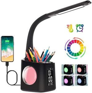 Lampe de Bureau LED, Lampe de Bureau Enfant avec RGB Couleur Veilleuse, Lampe Bureau avec Horloge Réveil Température Calendrier Porte - Stylo, Lampe de Chevet Tactile Dimmable, USB Lamp - Noir