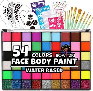 Bowitzki Face Paint Kit with 50 Colors, 8 sheets Stencils, 2 Glitters,10 Brushes, 1 Sheet Gems, Water Based Face Painting Kit, Safe Professional Halloween Party Makeup Set