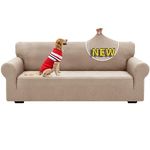 XINEAGE High Stretch Sofa Covers 3 Seater Latest Jacquard 1 Piece Sofa Slipcovers Living Room Universal Couch Covers for Dogs Pet Non Slip Sofa Furniture Protector Washable (3 Seater, Khaki)