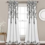 Lush Decor Tanisha Curtains - Light Filtering Window Panel Set, Pair - Floral Vine Print, Beautiful, Modern, Elegant Home Decor - 52" W x 84" L, Black & White