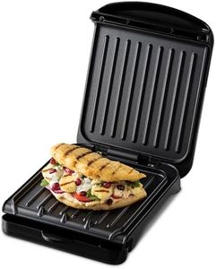 George Foreman Small Electric Fit Grill [Non stick, Healthy, Griddle, Toastie, Hot plate, Panini, BBQ, Energy saving, Vertical storage, Easy clean, Drip tray, Ready to cook light] Black, 760W 25800
